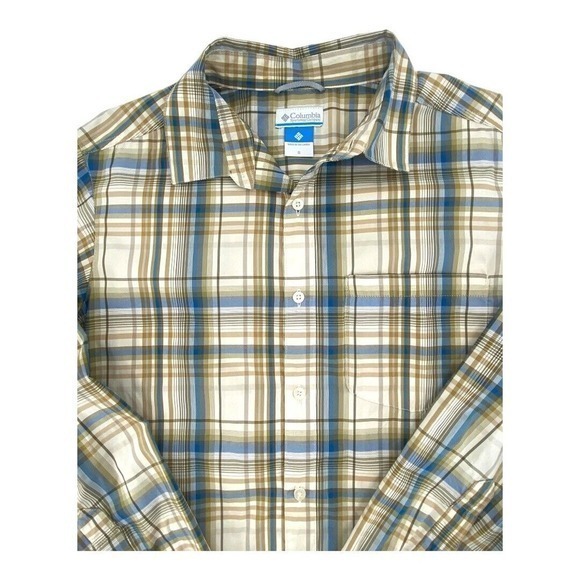 Columbia Blue and‎ Tan Plaid Long Sleeve Shirt Polyester Nylon Blend Mens S - Picture 9 of 10